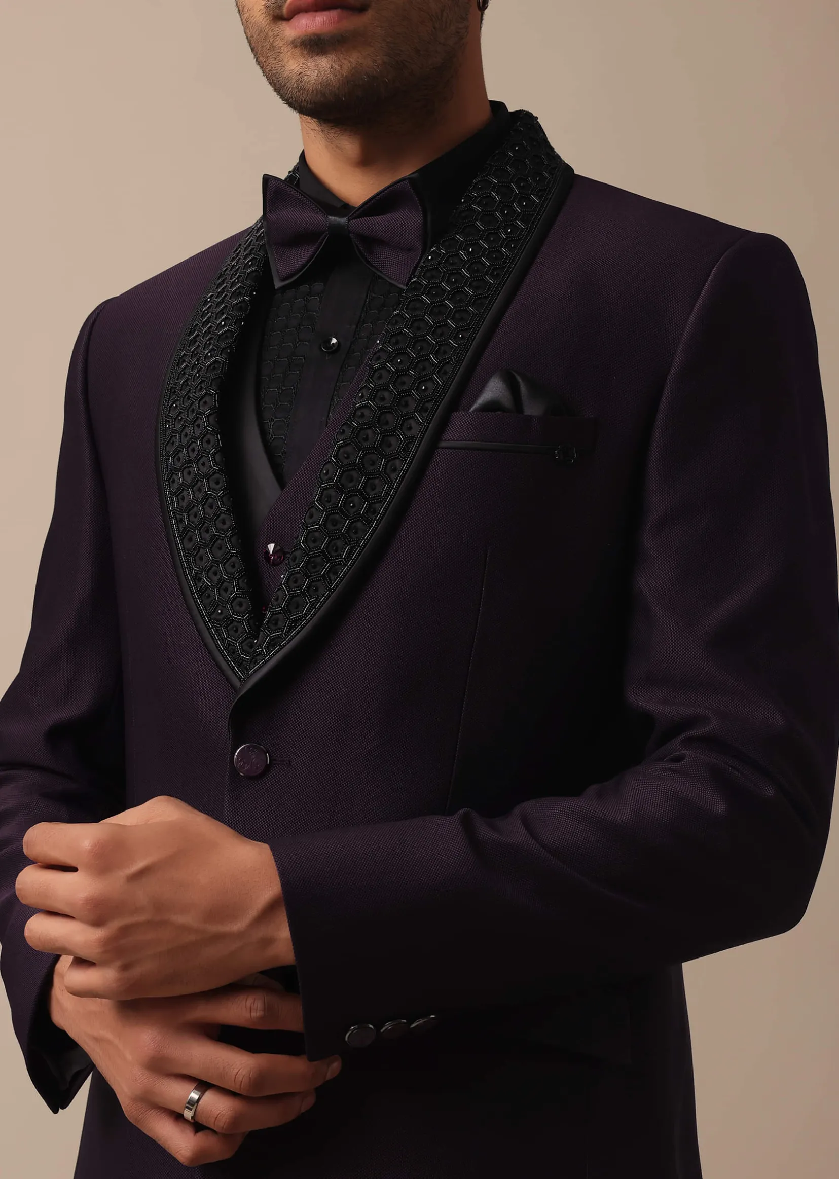 Elegant Intricate Embroidered Tuxedo Set in Purple