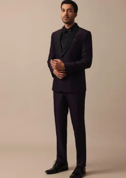 Elegant Intricate Embroidered Tuxedo Set in Purple