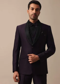 Elegant Intricate Embroidered Tuxedo Set in Purple