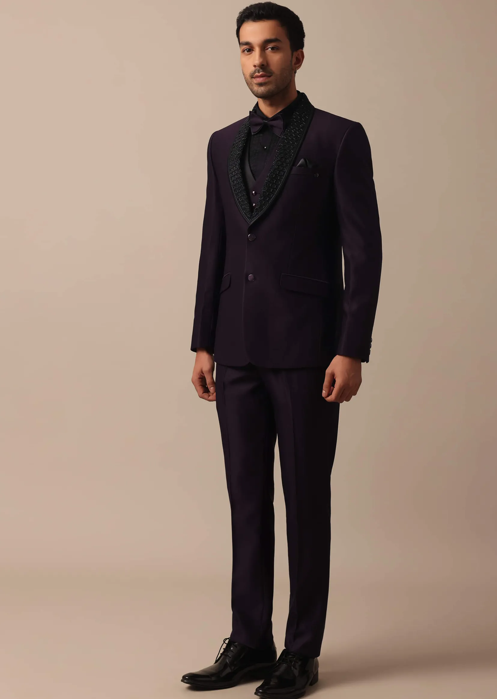 Elegant Intricate Embroidered Tuxedo Set in Purple