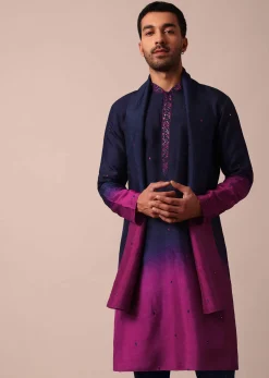 Elegant Navy Blue To Pink Ombre Silk Kurta Set For Men With Dupatta