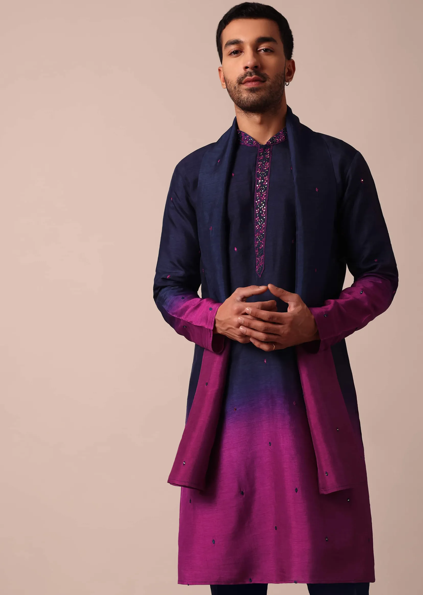 Elegant Navy Blue To Pink Ombre Silk Kurta Set For Men With Dupatta
