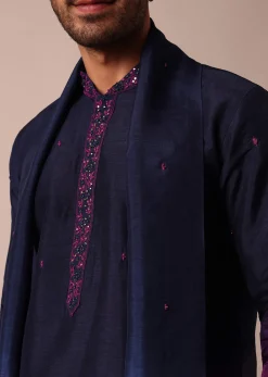 Elegant Navy Blue To Pink Ombre Silk Kurta Set For Men With Dupatta