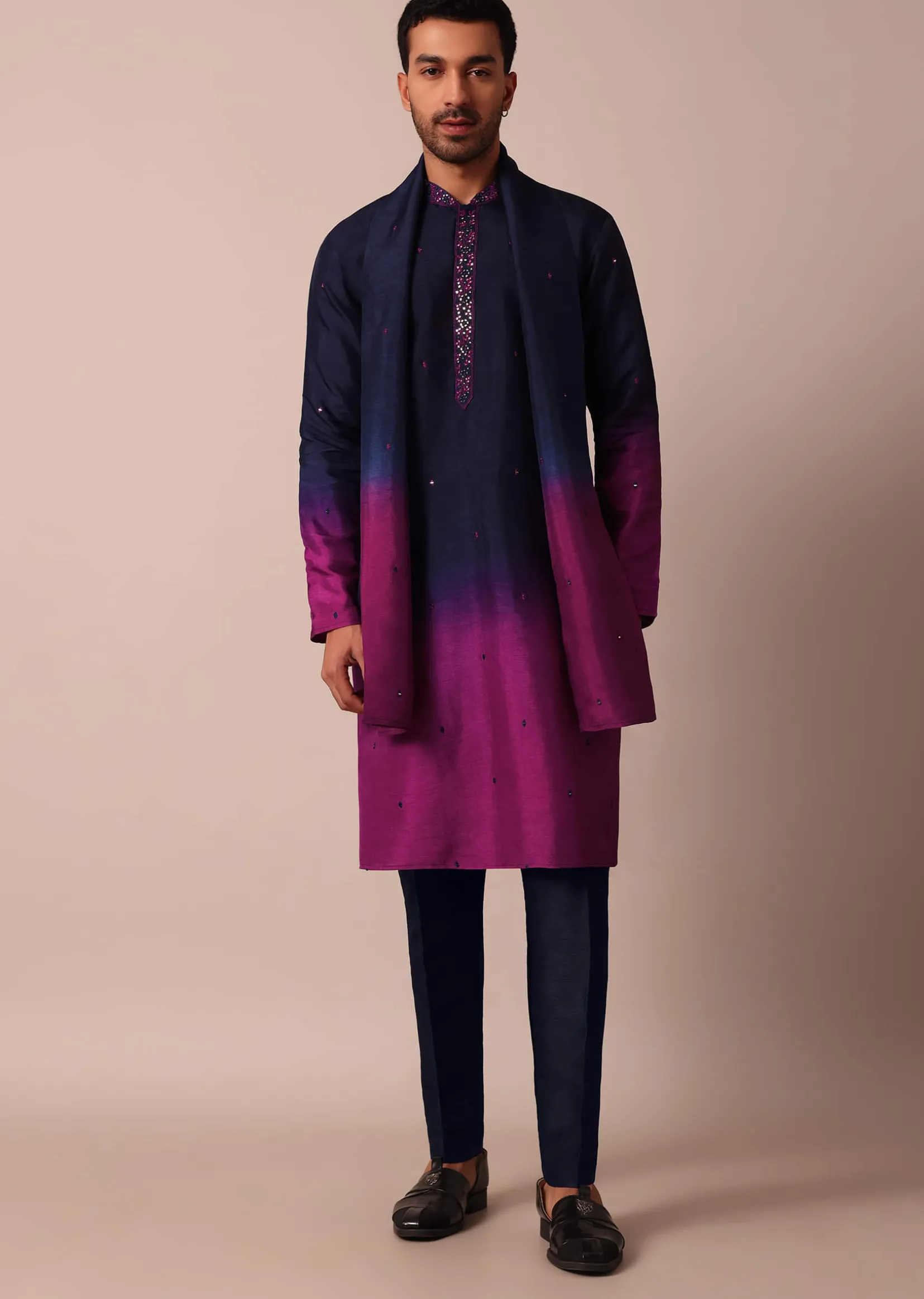 Elegant Navy Blue To Pink Ombre Silk Kurta Set For Men With Dupatta