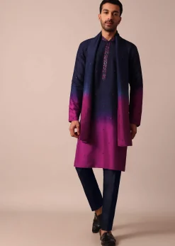 Elegant Navy Blue To Pink Ombre Silk Kurta Set For Men With Dupatta