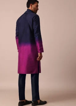 Elegant Navy Blue To Pink Ombre Silk Kurta Set For Men With Dupatta