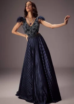 Elegant Navy Crepe Gown With Embroidered Yoke And Sweeping Ghera