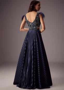 Elegant Navy Crepe Gown With Embroidered Yoke And Sweeping Ghera