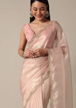 Elegant Peach Saree With Scalloped Border