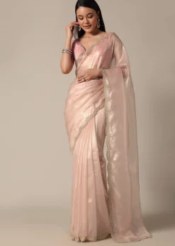 Elegant Peach Saree With Scalloped Border