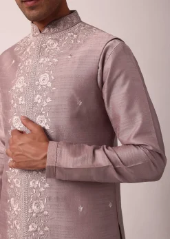 Elegant Pink Cotton Silk Embroidered Jacket Kurta Set