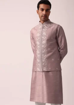 Elegant Pink Cotton Silk Embroidered Jacket Kurta Set