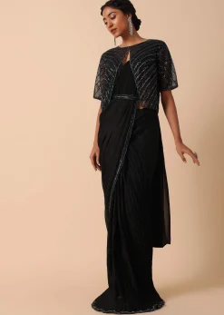 Elegant Pre Stitched Black Georgette Saree Set