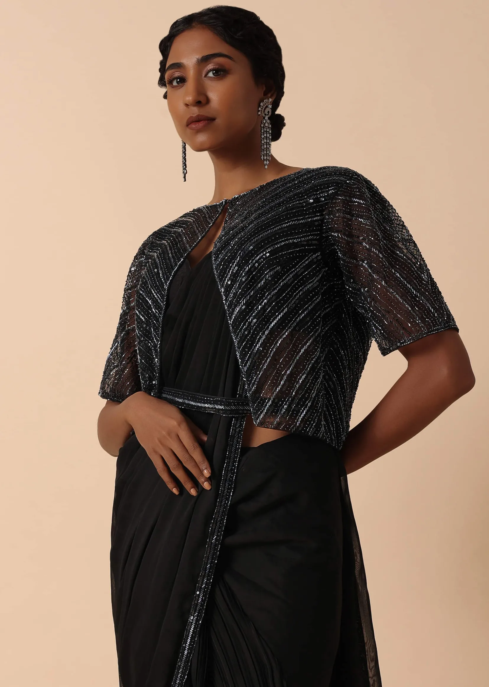 Elegant Pre Stitched Black Georgette Saree Set