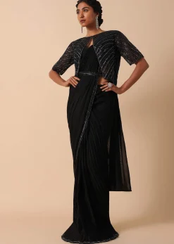 Elegant Pre Stitched Black Georgette Saree Set