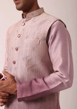 Elegant Purple Silk Embroidered Jacket Kurta Set