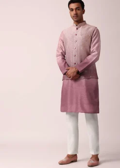 Elegant Purple Silk Embroidered Jacket Kurta Set