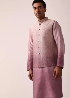 Elegant Purple Silk Embroidered Jacket Kurta Set