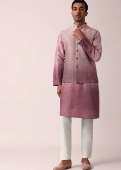 Elegant Purple Silk Embroidered Jacket Kurta Set