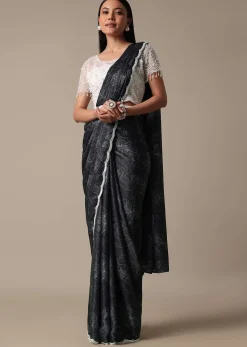 Elegant Ready To Wear Printed Saree With Embellished Ready Blouse