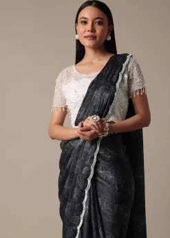 Elegant Ready To Wear Printed Saree With Embellished Ready Blouse