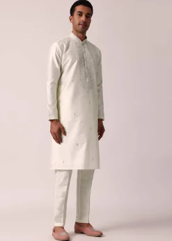 Elegant White Silk Kurta Set With Hand Embroidery