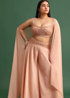 Embroidered Peach Fusion Suit With Dupatta And Flared Pants