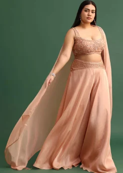 Embroidered Peach Fusion Suit With Dupatta And Flared Pants
