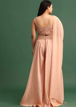 Embroidered Peach Fusion Suit With Dupatta And Flared Pants