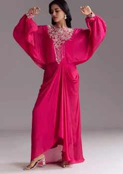 Embroidered Pink Skirt Set With Cape