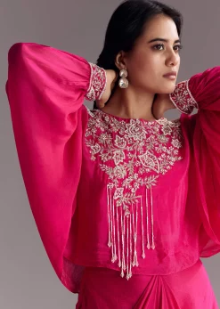 Embroidered Pink Skirt Set With Cape