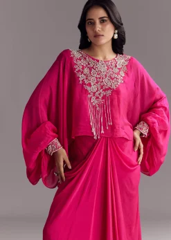Embroidered Pink Skirt Set With Cape
