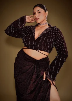 Embroidered Wine Velvet Blazer Blouse With Tassels And Draped Skirt
