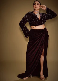 Embroidered Wine Velvet Blazer Blouse With Tassels And Draped Skirt