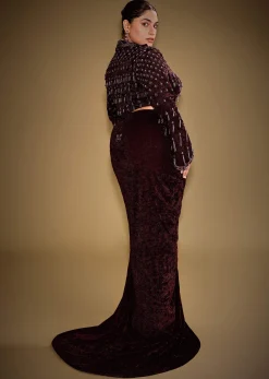 Embroidered Wine Velvet Blazer Blouse With Tassels And Draped Skirt