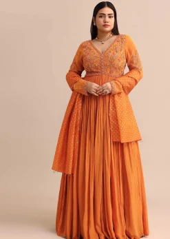 Embroidery Burnt Orange Anarkali Suit With Banarasi Organza Dupatta