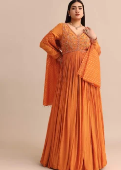 Embroidery Burnt Orange Anarkali Suit With Banarasi Organza Dupatta