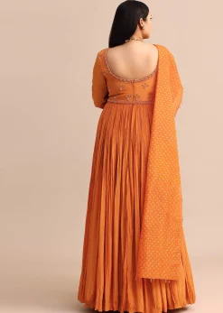 Embroidery Burnt Orange Anarkali Suit With Banarasi Organza Dupatta