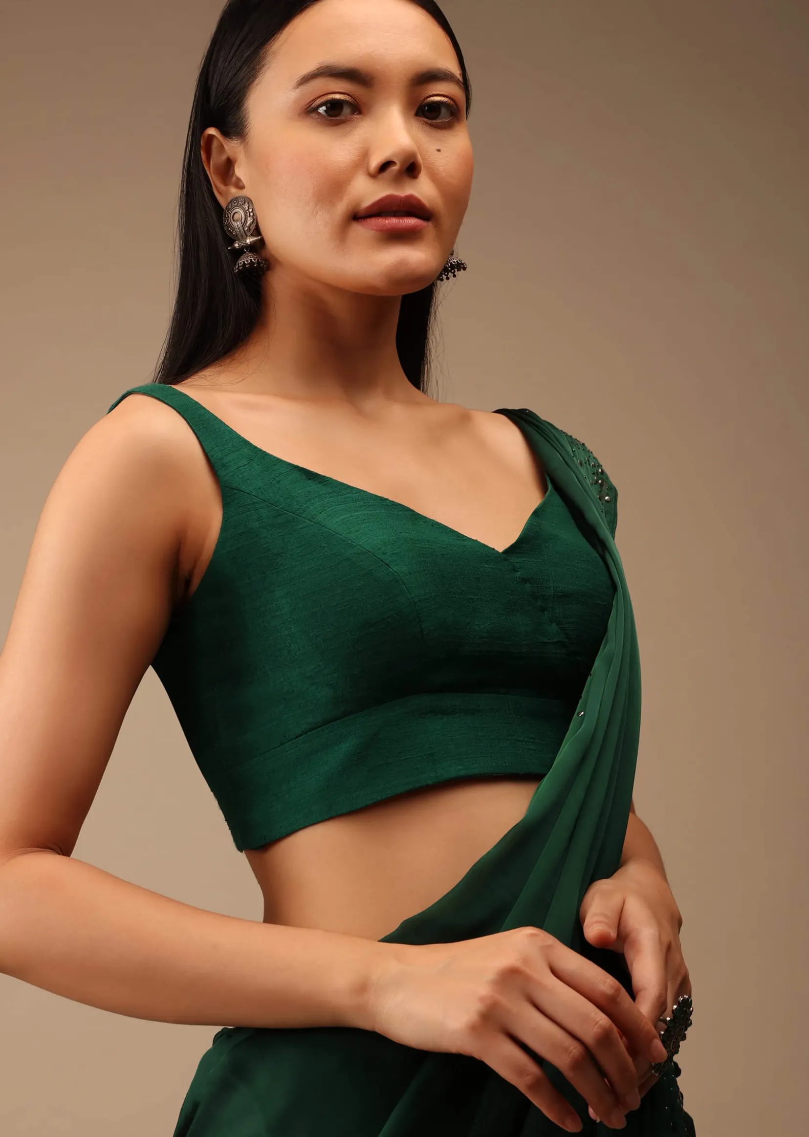 Emerald Green Blouse In Raw Silk With Overlapping Sweetheart Neckline And Cut Out Back