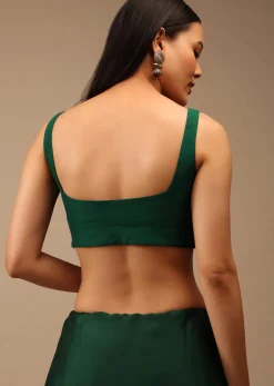 Emerald Green Blouse In Raw Silk With Overlapping Sweetheart Neckline And Cut Out Back