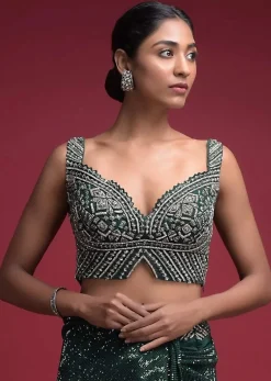 Emerald Green Crop Top In Net Heavily Embellished With Cut Dana Work In Geometric Pattern