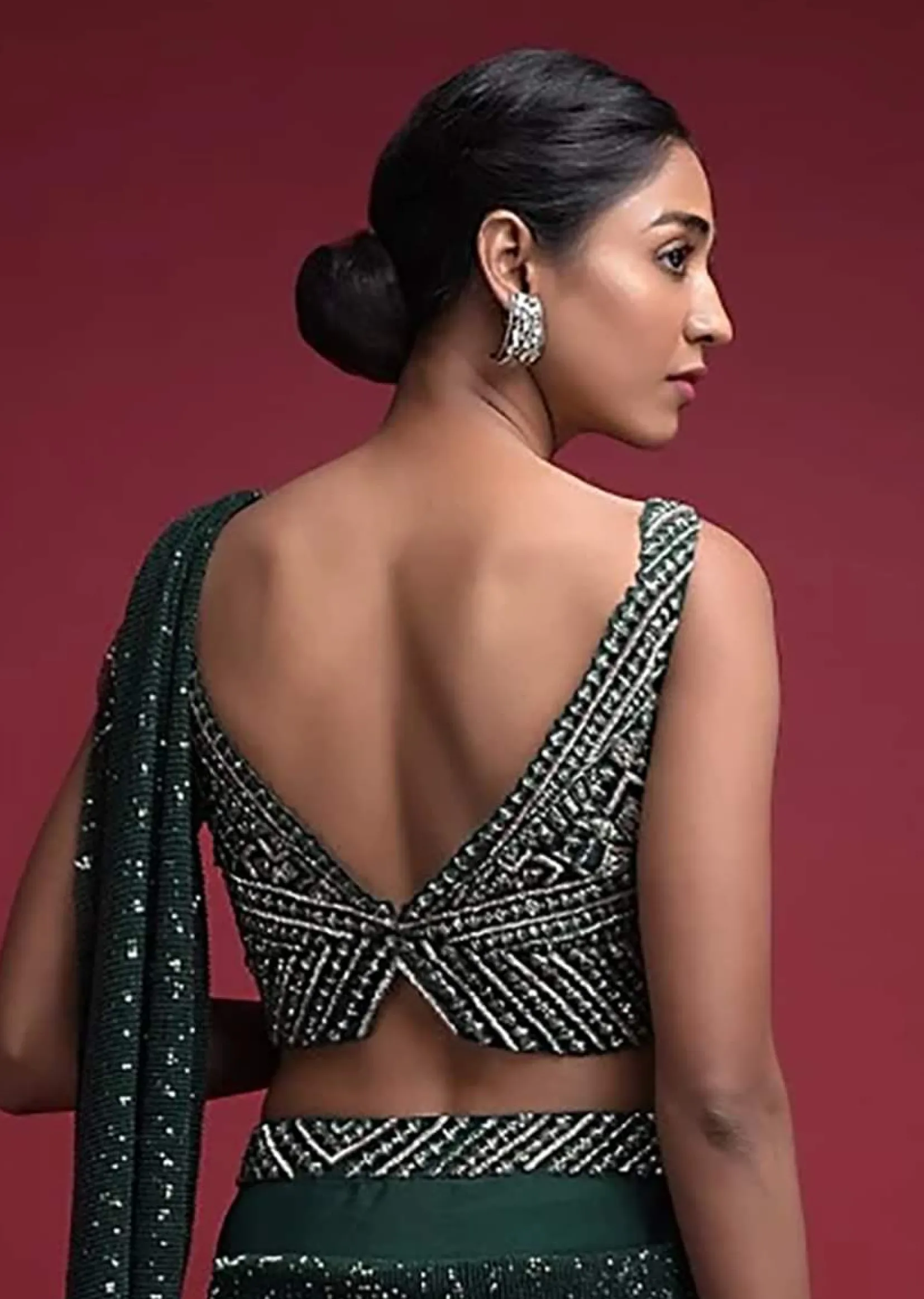 Emerald Green Crop Top In Net Heavily Embellished With Cut Dana Work In Geometric Pattern