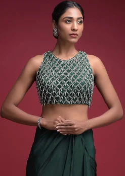 Emerald Green Crop Top With Cut Dana Embellished Checks And Bead Tassels