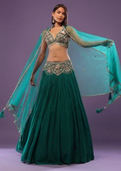 Emerald Green Embroidered Lehenga Set In Georgette