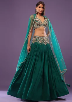 Emerald Green Embroidered Lehenga Set In Georgette