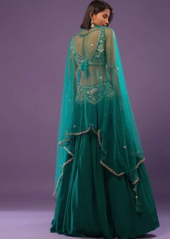 Emerald Green Embroidered Lehenga Set In Georgette