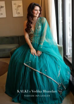 Emerald Green Embroidered Lehenga Set In Georgette