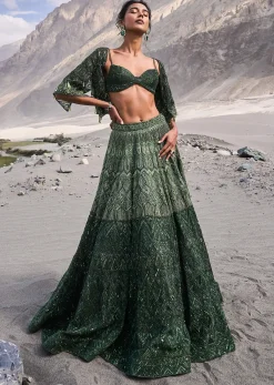 Emerald Green Heavy Crystal Cut Embroidered Lehenga With Cape