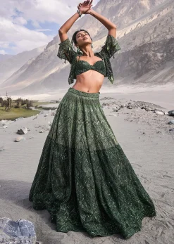 Emerald Green Heavy Crystal Cut Embroidered Lehenga With Cape