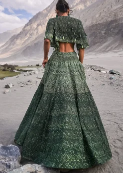 Emerald Green Heavy Crystal Cut Embroidered Lehenga With Cape